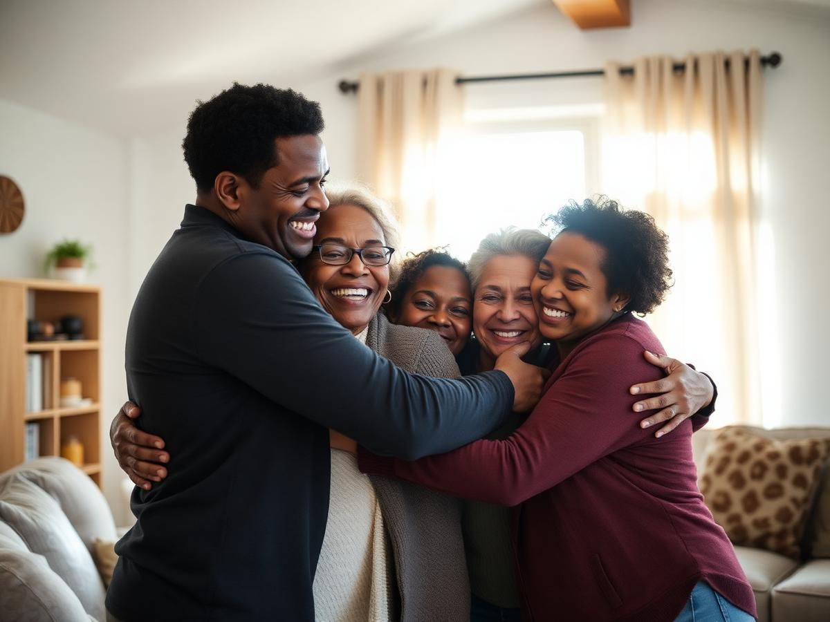 A family hugs warmly in a sunlit living room